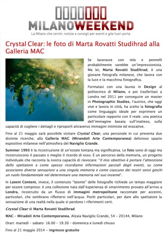 Milano Weekend$$https://www.milanoweekend.it/2014/05/08/crystal-clear-marta-rovatti-studihrad-alla-galleria-mac/28853#.VgGVmVzDl-M